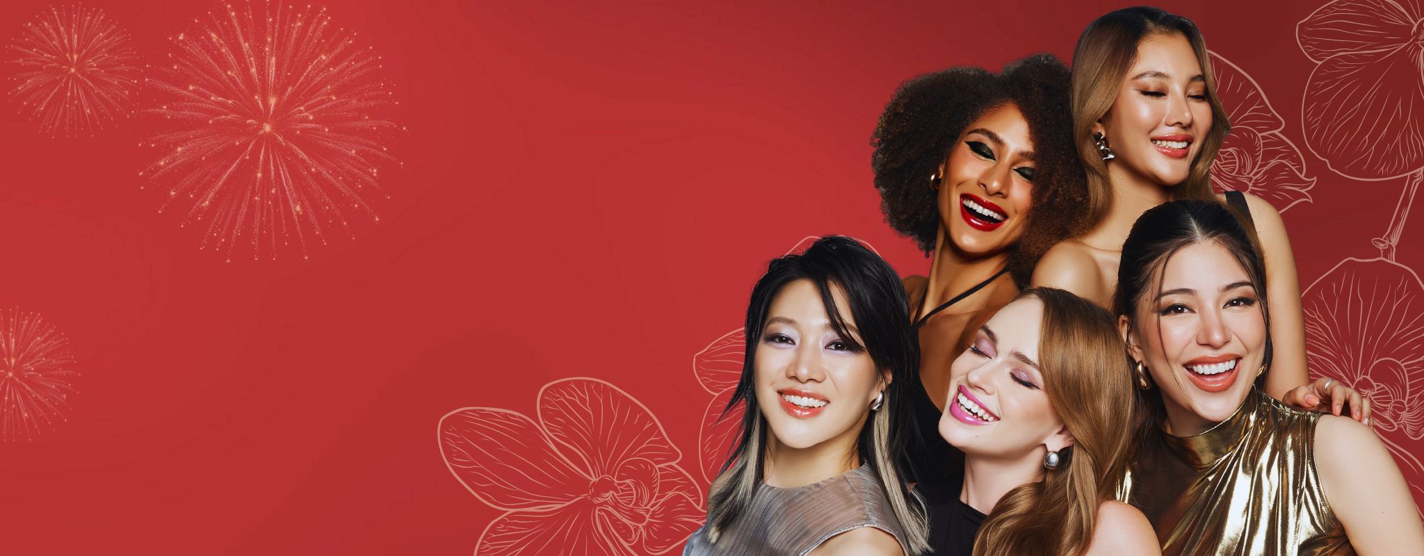 Five women smiling and posing together against a red background with subtle floral line art and fireworks motifs.